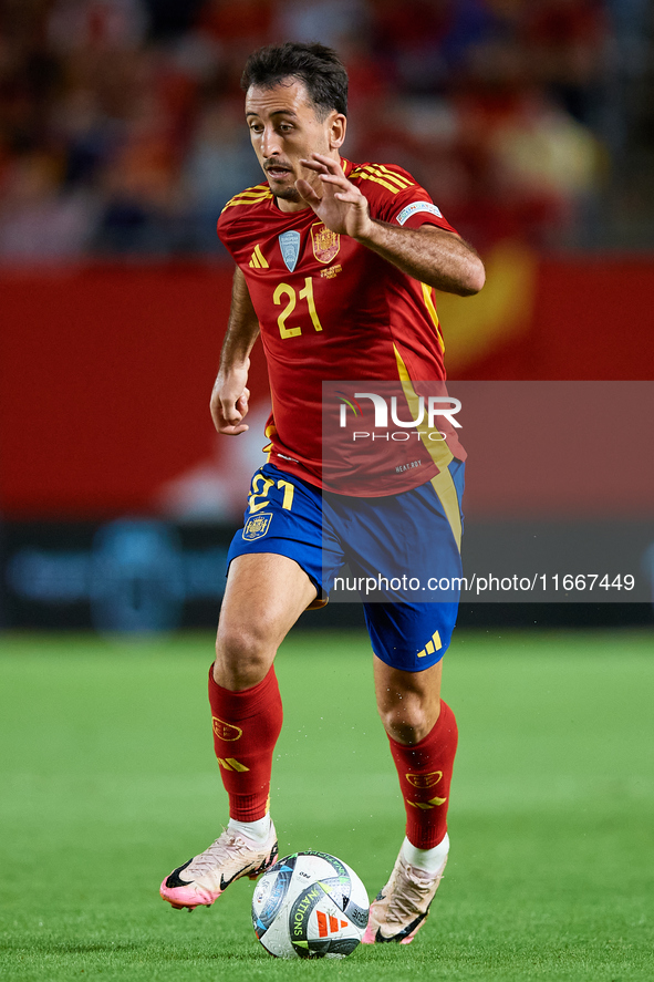 Mikel Oyarzabal of Spain is in action during the UEFA Nations League 2024/25 League A Group A4 game between Spain and Denmark at Enrique Roc...