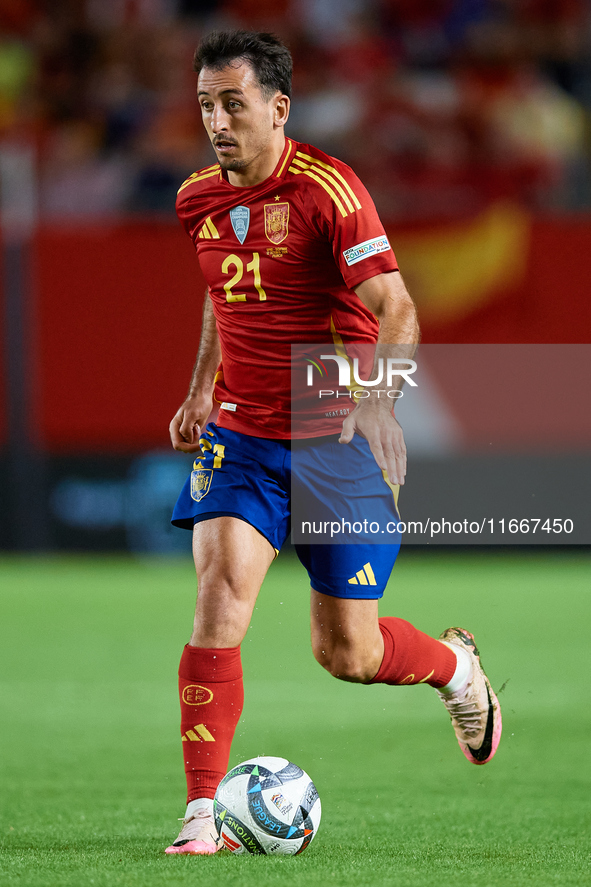 Mikel Oyarzabal of Spain is in action during the UEFA Nations League 2024/25 League A Group A4 game between Spain and Denmark at Enrique Roc...