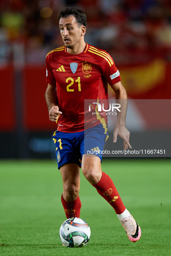 Mikel Oyarzabal of Spain is in action during the UEFA Nations League 2024/25 League A Group A4 game between Spain and Denmark at Enrique Roc...