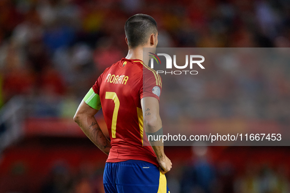 Alvaro Morata of Spain looks on during the UEFA Nations League 2024/25 League A Group A4 game between Spain and Denmark at Enrique Roca Stad...