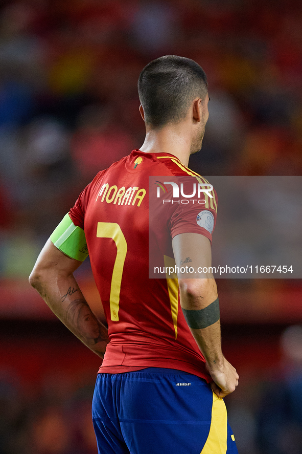 Alvaro Morata of Spain looks on during the UEFA Nations League 2024/25 League A Group A4 game between Spain and Denmark at Enrique Roca Stad...