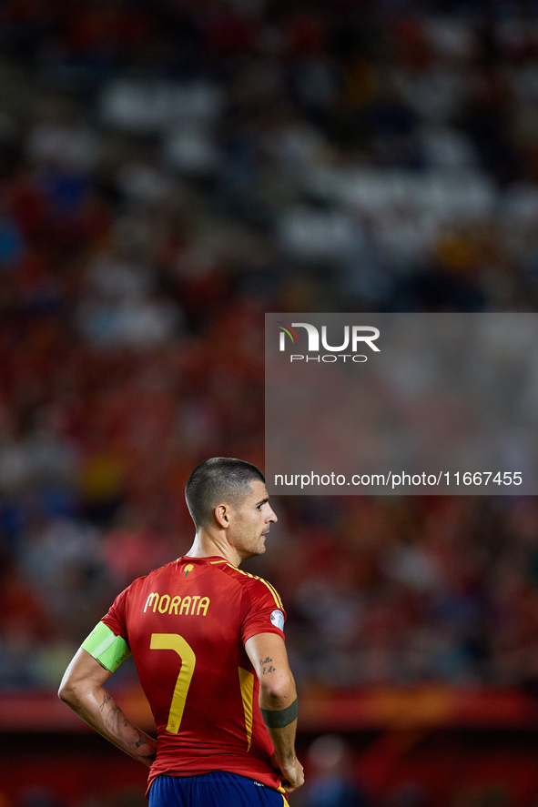 Alvaro Morata of Spain looks on during the UEFA Nations League 2024/25 League A Group A4 game between Spain and Denmark at Enrique Roca Stad...