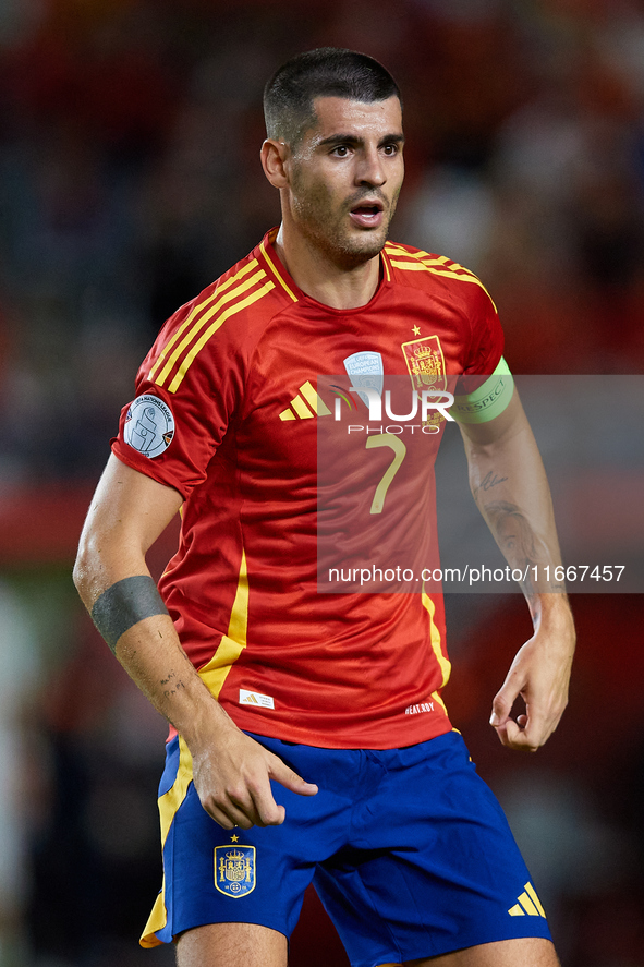 Alvaro Morata of Spain looks on during the UEFA Nations League 2024/25 League A Group A4 game between Spain and Denmark at Enrique Roca Stad...