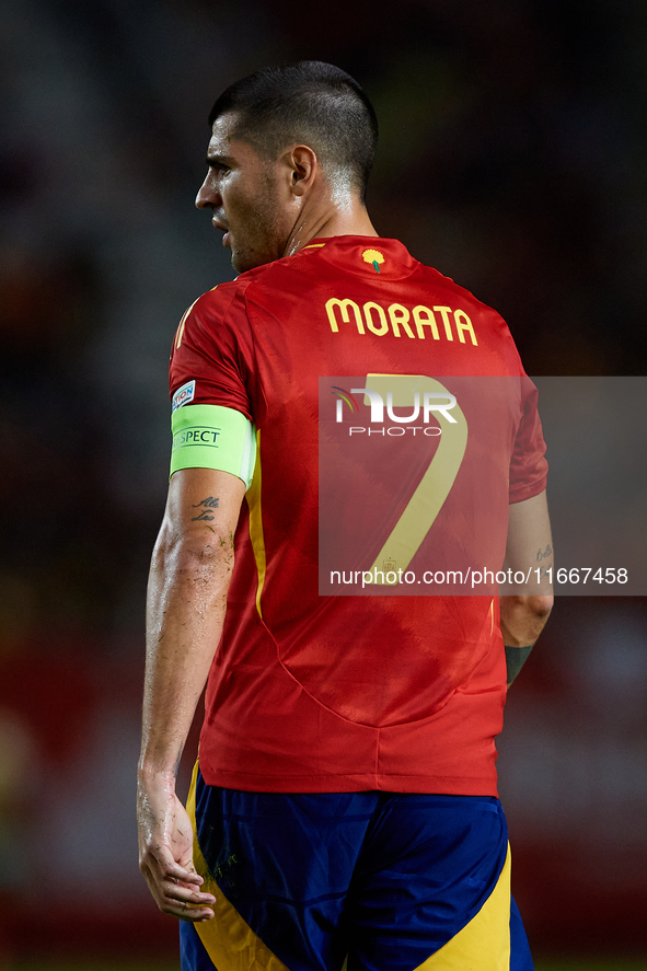 Alvaro Morata of Spain looks on during the UEFA Nations League 2024/25 League A Group A4 game between Spain and Denmark at Enrique Roca Stad...