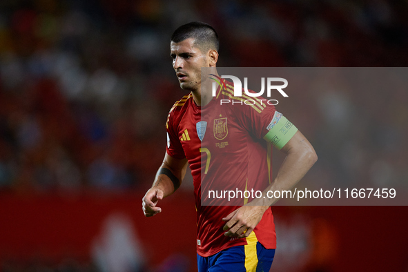 Alvaro Morata of Spain looks on during the UEFA Nations League 2024/25 League A Group A4 game between Spain and Denmark at Enrique Roca Stad...