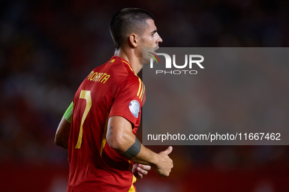 Alvaro Morata of Spain looks on during the UEFA Nations League 2024/25 League A Group A4 game between Spain and Denmark at Enrique Roca Stad...