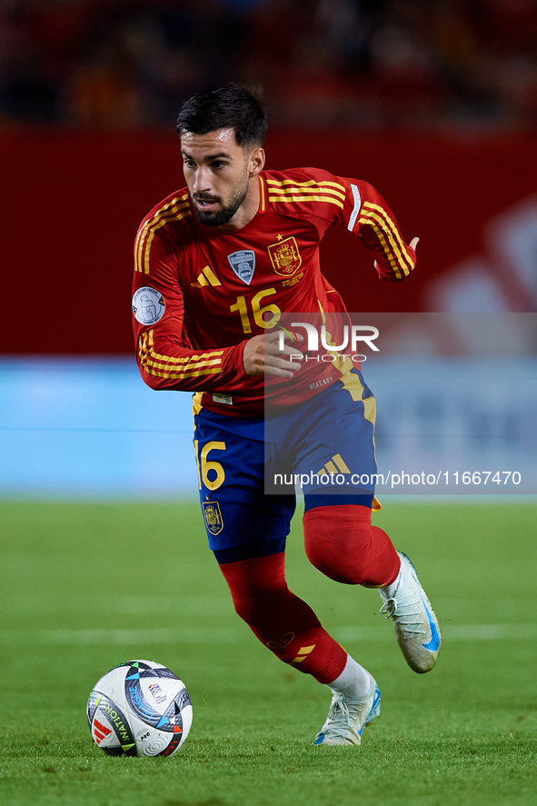 Alex Baena of Spain is in action during the UEFA Nations League 2024/25 League A Group A4 game between Spain and Denmark at Enrique Roca Sta...