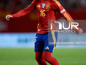 Alex Baena of Spain is in action during the UEFA Nations League 2024/25 League A Group A4 game between Spain and Denmark at Enrique Roca Sta...