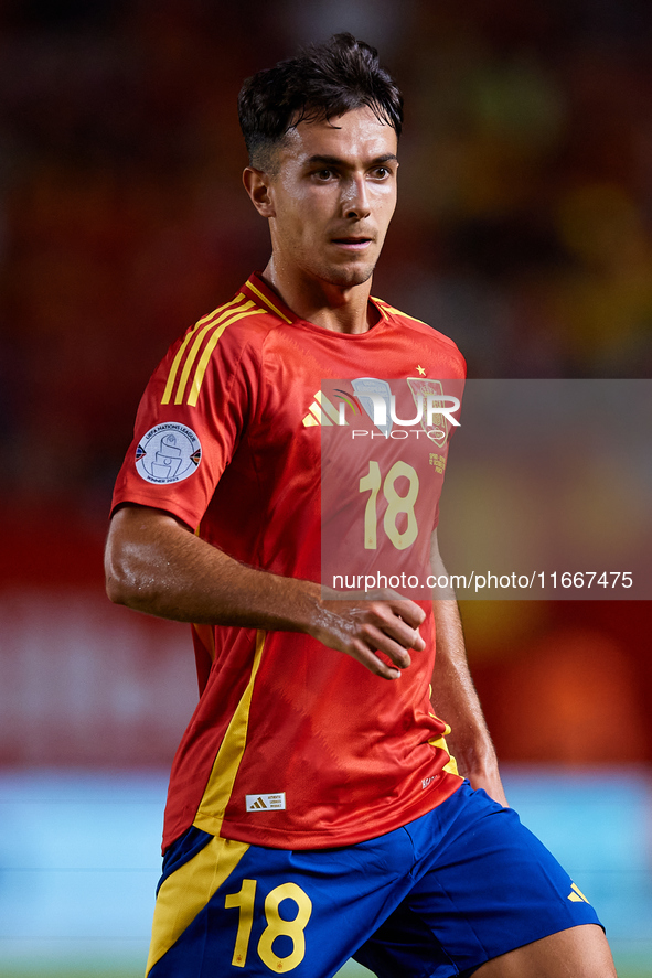 Martin Zubimendi of Spain looks on during the UEFA Nations League 2024/25 League A Group A4 game between Spain and Denmark at Enrique Roca S...