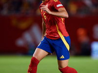 Mikel Merino of Spain is in action during the UEFA Nations League 2024/25 League A Group A4 game between Spain and Denmark at Enrique Roca S...