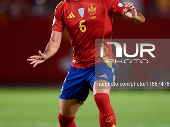 Mikel Merino of Spain is in action during the UEFA Nations League 2024/25 League A Group A4 game between Spain and Denmark at Enrique Roca S...