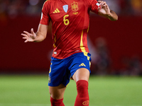 Mikel Merino of Spain is in action during the UEFA Nations League 2024/25 League A Group A4 game between Spain and Denmark at Enrique Roca S...