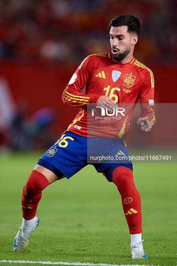 Alex Baena of Spain is in action during the UEFA Nations League 2024/25 League A Group A4 game between Spain and Denmark at Enrique Roca Sta...