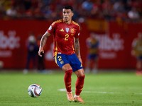 Pedro Porro of Spain plays during the UEFA Nations League 2024/25 League A Group A4 game between Spain and Denmark at Enrique Roca Stadium i...