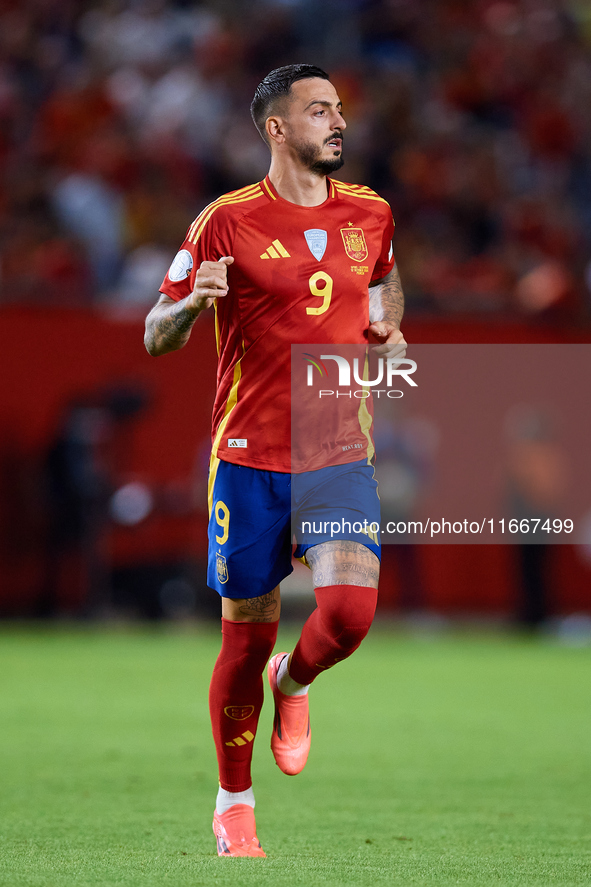 Joselu of Spain runs during the UEFA Nations League 2024/25 League A Group A4 game between Spain and Denmark at Enrique Roca Stadium in Murc...