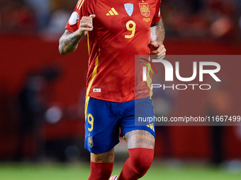 Joselu of Spain runs during the UEFA Nations League 2024/25 League A Group A4 game between Spain and Denmark at Enrique Roca Stadium in Murc...