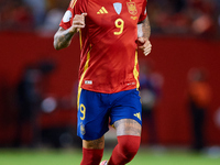 Joselu of Spain runs during the UEFA Nations League 2024/25 League A Group A4 game between Spain and Denmark at Enrique Roca Stadium in Murc...