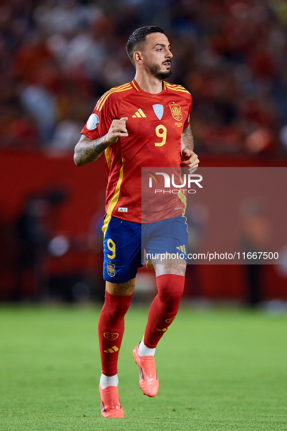 Joselu of Spain runs during the UEFA Nations League 2024/25 League A Group A4 game between Spain and Denmark at Enrique Roca Stadium in Murc...