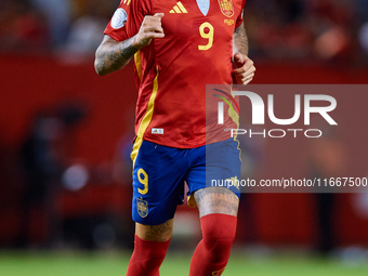 Joselu of Spain runs during the UEFA Nations League 2024/25 League A Group A4 game between Spain and Denmark at Enrique Roca Stadium in Murc...