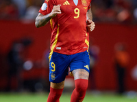 Joselu of Spain runs during the UEFA Nations League 2024/25 League A Group A4 game between Spain and Denmark at Enrique Roca Stadium in Murc...