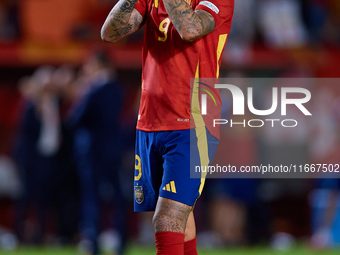 Joselu of Spain applauds during the UEFA Nations League 2024/25 League A Group A4 game between Spain and Denmark at Enrique Roca Stadium in...