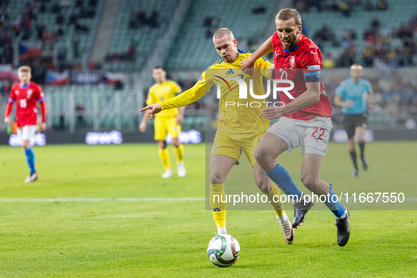 Mykhailo Mudryk and Tomas Soucek are playing during the  UEFA Nations League 2024 League B Group B1 match between Ukraine and Czechia , at t...