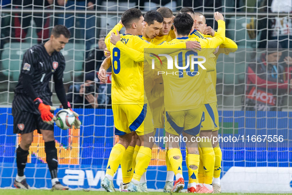 Georgiy Sudakov, Artem Dovbyk, Mykhailo Mudryk and Mykola Shaparenko celebrate scoring a goal during the  UEFA Nations League 2024 League B...