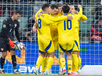 Georgiy Sudakov, Artem Dovbyk, Mykhailo Mudryk and Mykola Shaparenko celebrate scoring a goal during the  UEFA Nations League 2024 League B...