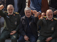 Hossein Salami, commander-in-chief of the Islamic Revolutionary Guard Corps (IRGC), and two other IRGC commanders shout anti-U.S. and anti-I...