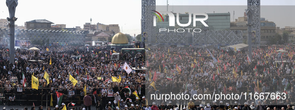 Iranian mourners take part in a funeral while a truck carrying a coffin containing the body of a commander of the Islamic Revolutionary Guar...