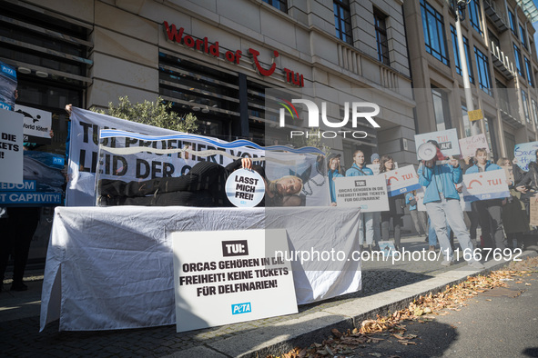 Singer Sarah Connor lies in a mini-aquarium and protests with PETA activists in front of a TUI travel agency for the release of orca whales...