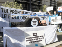 Singer Sarah Connor lies in a mini-aquarium and protests with PETA activists in front of a TUI travel agency for the release of orca whales...