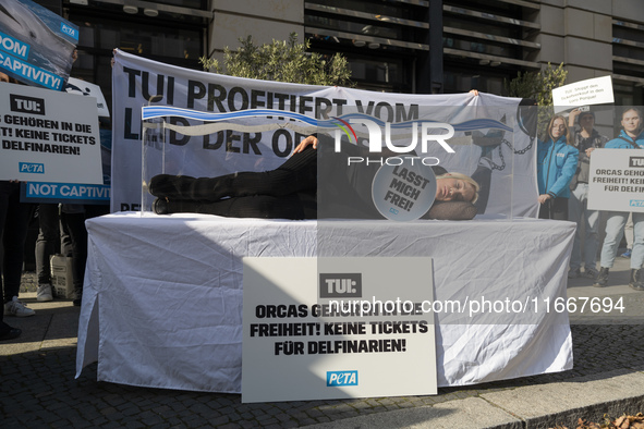 Singer Sarah Connor lies in a mini-aquarium and protests with PETA activists in front of a TUI travel agency for the release of orca whales...