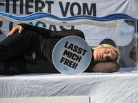 Singer Sarah Connor lies in a mini-aquarium and protests with PETA activists in front of a TUI travel agency for the release of orca whales...