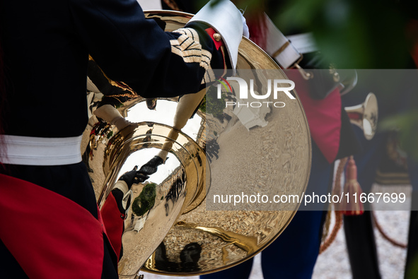 The presidential guard stands in the Elysee court during the state visit of Lithuanian President Gitanas Nauseda in Paris, France, on Octobe...