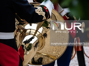 The presidential guard stands in the Elysee court during the state visit of Lithuanian President Gitanas Nauseda in Paris, France, on Octobe...