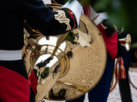 The presidential guard stands in the Elysee court during the state visit of Lithuanian President Gitanas Nauseda in Paris, France, on Octobe...