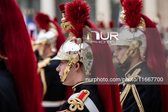 The presidential guard stands in the Elysee court during the state visit of Lithuanian President Gitanas Nauseda in Paris, France, on Octobe...