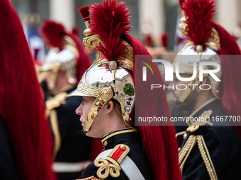 The presidential guard stands in the Elysee court during the state visit of Lithuanian President Gitanas Nauseda in Paris, France, on Octobe...