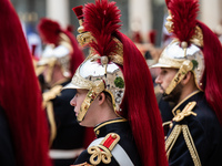 The presidential guard stands in the Elysee court during the state visit of Lithuanian President Gitanas Nauseda in Paris, France, on Octobe...