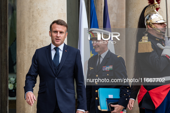 President of the French Republic Emmanuel Macron receives Lithuanian President Gitanas Nauseda at the Elysee Palace in Paris, France, on Oct...