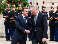 President of the French Republic Emmanuel Macron receives Lithuanian President Gitanas Nauseda at the Elysee Palace in Paris, France, on Oct...