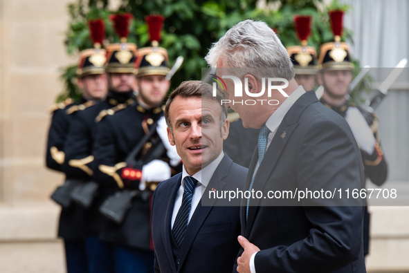 President of the French Republic Emmanuel Macron receives Lithuanian President Gitanas Nauseda at the Elysee Palace in Paris, France, on Oct...