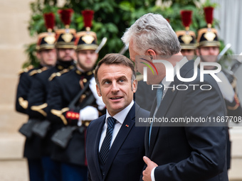 President of the French Republic Emmanuel Macron receives Lithuanian President Gitanas Nauseda at the Elysee Palace in Paris, France, on Oct...