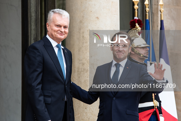 President of the French Republic Emmanuel Macron receives Lithuanian President Gitanas Nauseda at the Elysee Palace in Paris, France, on Oct...