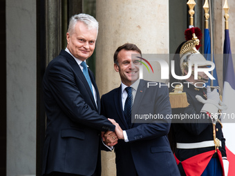 President of the French Republic Emmanuel Macron receives Lithuanian President Gitanas Nauseda at the Elysee Palace in Paris, France, on Oct...