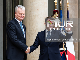 President of the French Republic Emmanuel Macron receives Lithuanian President Gitanas Nauseda at the Elysee Palace in Paris, France, on Oct...