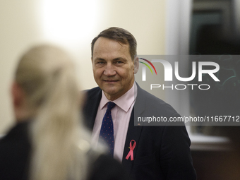 Polish Minister of Foreign Affairs Radoslaw Sikorski looks on as he arrives at the weekly ministerial meeting in Warsaw, Poland, on October...