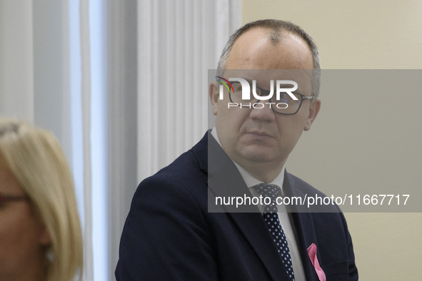 Polish Minister of Justice Adam Bodnar looks on as he arrives at the weekly Ministerial meeting in Warsaw, Poland, on October 15, 2024. 