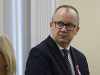 Polish Minister of Justice Adam Bodnar looks on as he arrives at the weekly Ministerial meeting in Warsaw, Poland, on October 15, 2024. (